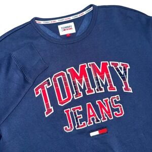 Tommy Jeans Classic Mens M Sweatshirt Crew Neck Long Sleeve Plaid Logo Casual